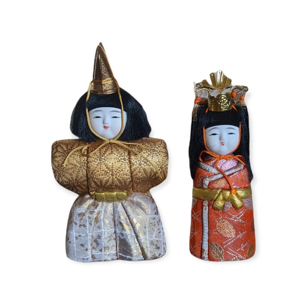 Vintage Japanese dolls / Set of 2 / Kimekome / Hina Dolls / Gofun / Silk Brocade Clothing / Male and female / Original Box / doll collection