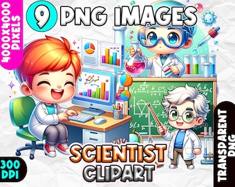 Clipart naukowca PNG, Clipart zabawnego laboratorium, Grafiki o tematyce naukowej, Urocze wzory naukowców, Clipart edukacyjny PNG, Clipart naukowy do druku