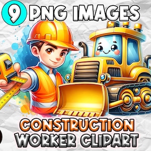 May include: A cartoon illustration of a construction worker wearing a yellow hard hat and holding a measuring tape. The worker is standing next to a yellow cartoon bulldozer with a smiling face. The image is labeled "PNG IMAGES" and "CONSTRUCTION WORKER CLIPART".