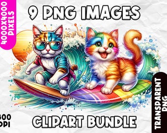 サーフィン猫のクリップアート、サーフボードに乗ったトラ猫、かわいい