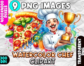 Chef Clipart, Watercolor Chef Graphics, Cute Chef Clip Art PNG, Cooking Illustrations, Printable Chef Clipart, Kitchen Decor Clipart Designs
