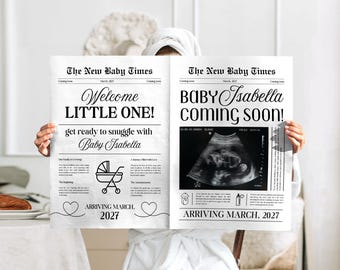 Canva 新聞妊娠発表、大きな妊娠発表新聞テンプレート、出産発表新聞、カスタム新聞ベビーシャワー