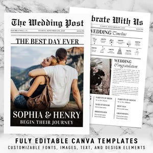 Wedding Newspaper Template, Canva Wedding Program, Editable Wedding Newspaper, Newlywed Newspaper Template, Newspaper Wedding Itinerary