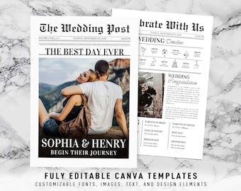May include: A wedding announcement designed as a newspaper front page, with the headline "The Best Day Ever." It features a couple's photo, a wedding timeline, and editable text. The template is fully customisable.