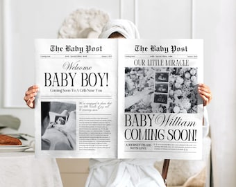 Grote babyaankondigingskrant, aangepaste krant zwangerschapsaankondiging, zwangerschap onthullende krant, bewerkbare krant, canvassjabloon