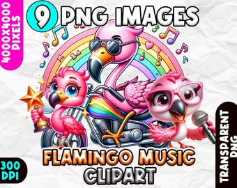 Flamingo Music Clipart, Colorful Bird Clipart, Cute Flamingo Illustrations, Tropical Flamingo Bird Clip Art, Printable Flamingo Clipart PNG