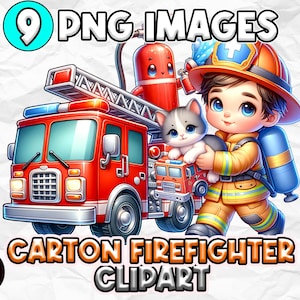 Firefighter Clipart PNG, Watercolor Firefighter Graphics, Fire Truck Clipart, Firefighter Helmet PNG, Printable Fireman Art, Fire Decor PNG