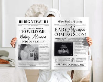 Periódico de anuncio de bebé, periódico personalizado de anuncio de embarazo, plantilla de Canva, periódico de baby shower, plantilla editable para revelar el género
