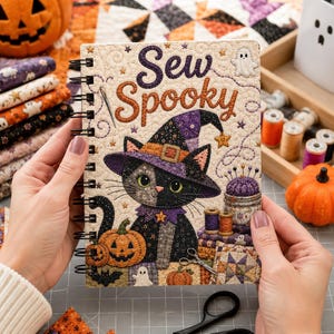 May include: A spiral-bound notebook with a quilted fabric cover featuring a black cat wearing a purple witch hat, pumpkins, and the text Sew Spooky. The design includes a needle, thread spools, a pincushion, and small ghost illustrations.