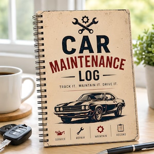 May include: A spiral-bound car maintenance log with a vintage design. The cover features the text "CAR MAINTENANCE LOG" above an illustration of a classic car. Icons for service, repair, maintain, and record are at the bottom.