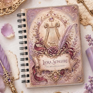 Puede incluir: Un cuaderno de espiral con una cubierta decorativa que muestra una lira dorada, una rosa morada y una pluma. El texto dice LIORA SONGFIRE THE WANDERING BARD. El diseño incluye intrincados adornos en tonos morados y dorados.