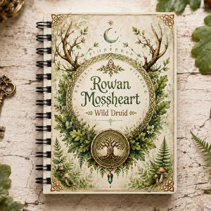 May include: A spiral-bound notebook with a cream-colored cover featuring a central circular illustration of a tree, surrounded by green oak leaves, ferns, and antlers. The text reads Rowan Mossheart Wild Druid. The design includes a crescent moon.