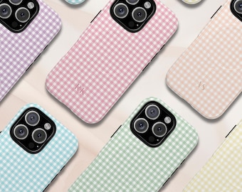 Personalized Gingham iPhone 14 15 16 17 Case: MagSafe Compatible, Pastel Checkered