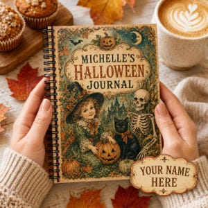 Personalized Halloween Journal, Vintage Witch Spiral Notebook, Custom Name Fall Diary