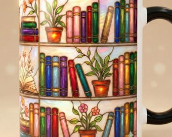 Mug bibliothèque en vitrail, tasse à café colorée pour amoureux des livres