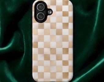 Beige Checkered iPhone Case: MagSafe Compatible, Neutral Design