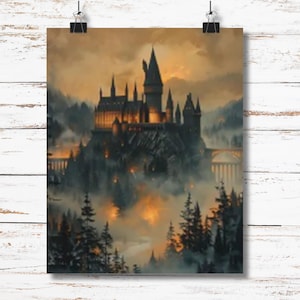 Fantasy Castle Wall Art Print, Magical Misty Mountain Poster for Fantasy Lovers, Enchanted Castle Decor for Wizards and Book Readers