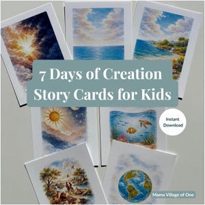 Puede incluir: Una colección de siete tarjetas ilustradas para niños, cada una representando una escena de la historia de la creación. Las tarjetas presentan ilustraciones en acuarela del sol, el mar, la tierra y los animales. El texto en las tarjetas dice "7 Days of Creation Story Cards for Kids."