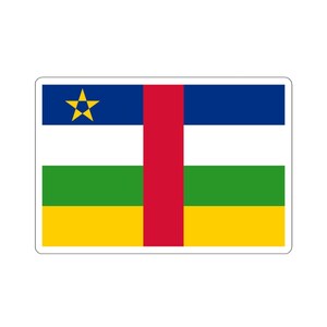 Könnte beinhalten: Rechteckiger Aufkleber mit der Flagge der Zentralafrikanischen Republik. Die Flagge hat horizontale Streifen in Blau, Weiß, Grün und Gelb mit einem vertikalen roten Streifen in der Mitte. Ein gelber Stern befindet sich in der oberen linken Ecke.