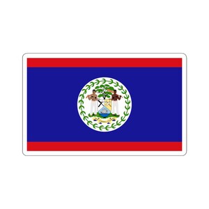 May include: The flag of Belize features a blue field with a red stripe at the top and bottom. The center of the flag displays the national coat of arms, which depicts a shield with a ship, two men holding axes, and the words "Sub Umbra Floreo".