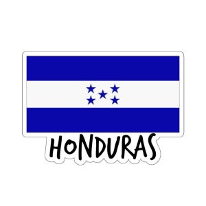 May include: A sticker featuring the flag of Honduras. The flag is blue with a white horizontal stripe in the center. Five white five-pointed stars are arranged in a horizontal row in the center of the white stripe. The text "HONDURAS" is written in black below the flag.