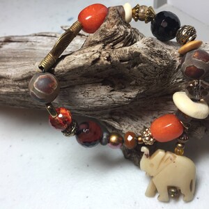 Stretch bracelet, Boho, Tribal, Bone, Gemstone, Czech glass, Brass Beads,  Stackable, Layer
