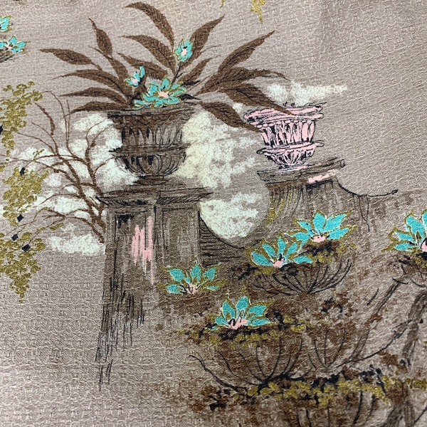 Vintage Barkcloth fabric, 1940's Drapery Panel, Large print, Turquoise, Gold and Taupe, Landscape