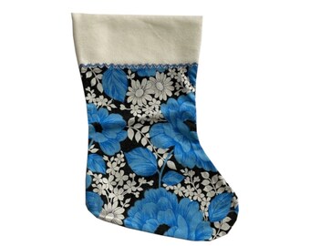 Christmas Stocking Flower Power Wabasso Holiday Decor Xmas Floral Pretty Blue Black White Vintage Handmade