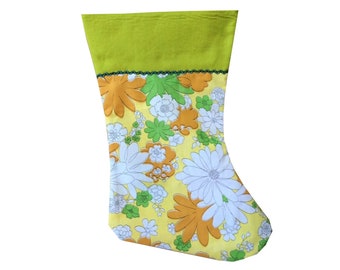 Christmas Stocking Flower Power Linens Wabasso Retro Holiday Decor Xmas  Floral Pretty Yellow Green Orange Vintage Handmade