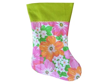 Christmas Stocking Flower Power Linens Wabasso Retro Holiday Decor Xmas  Floral Pretty Green Pink Vintage Handmade