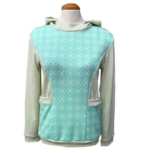 Upcycled Hoodie Shirt with Vintage Fabric WOMEN's MEDIUM Retro One of a Kind Pullover Boho Mint Green Patterned Clover Hoody