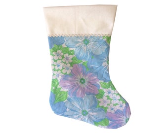 Christmas Stocking Flower Power Linens Wabasso Retro Holiday Decor Xmas  Floral Pretty Blue Purple White Vintage Handmade