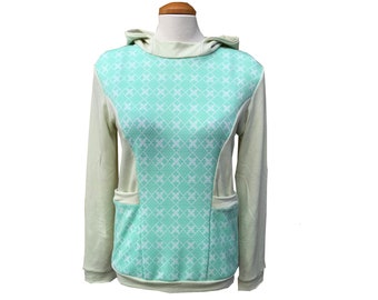 Upcycled Hoodie Shirt with Vintage Fabric WOMEN's MEDIUM Retro One of a Kind Pullover Boho Mint Green Patterned Clover Hoody