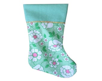 Christmas Stocking Flower Power Linens Wabasso Retro Holiday Decor Xmas  Floral Pretty Mint Green Pink Vintage Handmade