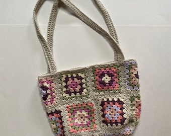 Handmade Granny Square Crocheted Purse Market Bag Grey Purple Pink Green