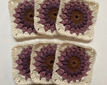 Crocheted Granny Square Coasters 70s Style Home Decor Purple Brown Cream