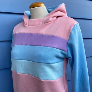 May include: A pink, blue, and purple striped hoodie with a hood. The hoodie is on a mannequin.