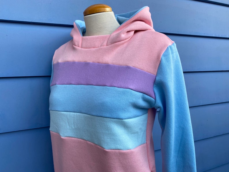 May include: A pink, blue, and purple striped hoodie with a hood. The hoodie is on a mannequin.