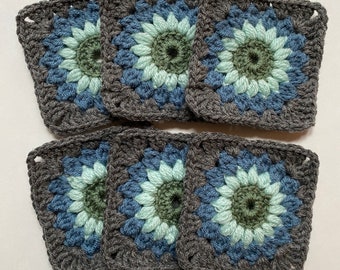 Crocheted Granny Square Coasters 70s Style Home Decor Blue Green Grey