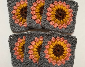 Crocheted Granny Square Coasters 70s Style Home Decor Orange Coral Grey