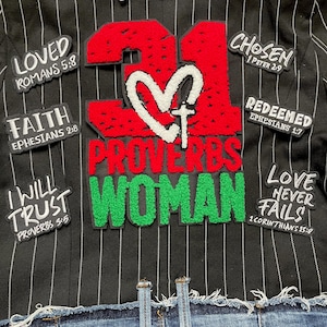 May include: Black and white pinstriped jacket with denim bottom. Features embroidered patches with religious phrases and a heart-shaped design. Text includes "Proverbs Woman" and Bible verses.