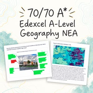 May include: Educational document titled 70/70 A* Edexcel A-Level Geography NEA featuring two pages. One page shows an annotated photograph of Barnsley town centre with green and red boxes. The other page displays a colourful choropleth map of Barnsley.