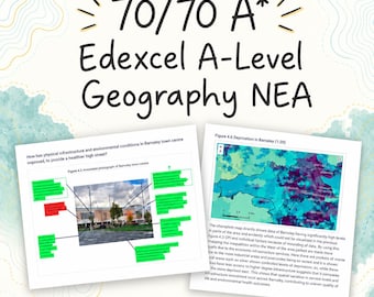Puede incluir: Documento educativo titulado 70/70 A* Edexcel A-Level Geography NEA que presenta dos páginas. Una página muestra una fotografía anotada del centro de Barnsley con cuadros verdes y rojos. La otra página muestra un mapa coroplético de Barnsley.