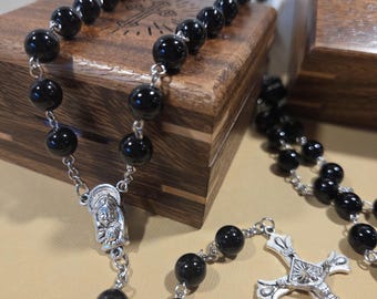 Black Gemstone Rosary Bead Necklace in Wooden Box