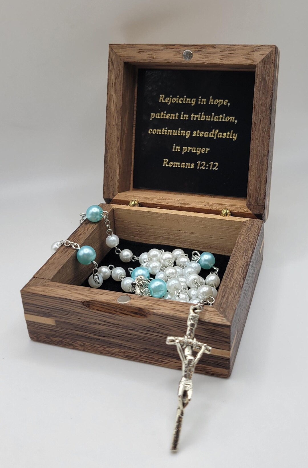 Childs Rosary Necklace | Baby Blue & White Faux Pearl Beads With ...