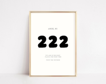 May include: A gold framed print with the text "ANGEL NO. 222 YOU ARE IN THE RIGHT PLACE & THE RIGHT TIME TRUST THE UNIVERSE"