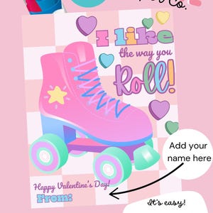 Tarjeta de San Valentín con patines en línea Rollo/tira de frutas Imprimible Editable Etiqueta de recuerdo para fiesta de San Valentín para niños en la escuela Folleto para la clase