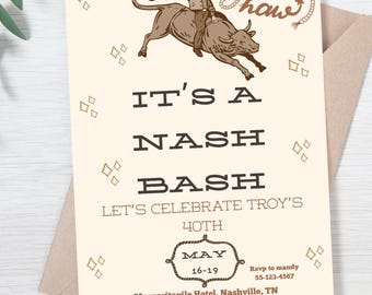 Nashville Nash Bash Invitation: Cowboy Rodeo Birthday Party Invite, Over the Hill Invite, Bull Rider Invite (Editable Download, 5x7)