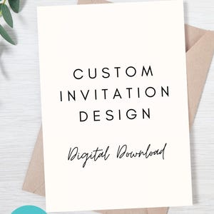 May include: A white card with the text "CUSTOM INVITATION DESIGN" and "Digital Download" in black script. The words "Instant Download!" are at the top. A teal circle with "Canva" and a pink rectangle with "MINNE Paper Co." are at the bottom.