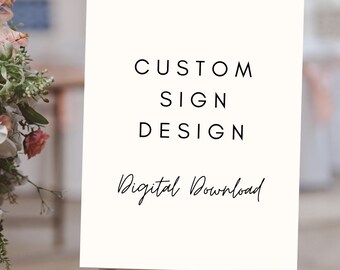 Könnte beinhalten: Ein weißes Schild auf einer weißen Staffelei mit den Worten „CUSTOM SIGN DESIGN“ in Schwarz. Unter dem Text steht der Satz „Digital Download“ in einer Schreibschrift. Der Hintergrund ist verschwommen, mit Blumenarrangements auf der linken Seite.